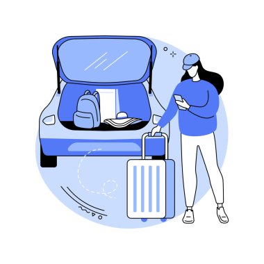 İzole edilmiş vektör çizimlerine geçmeye hazırız. Yolculuğa hazırlanan genç kız, valizli araba bagajı, insanların yaşam tarzı, seyahat bağımlılığı, macera fikri karikatürü..