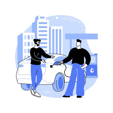 Tam depo karikatür vektör çizimleri. Gülümseyen arkadaşlar benzin doldurur, benzin istasyonundaki adamlar birlikte seyahat eder, depo dolu bir yolculuk, otomobil macera çizgi filmi.