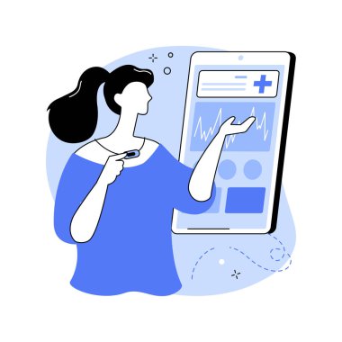 Akıllı mücevher karikatür vektör çizimlerini izole etti. Kadın akıllı telefona bağlı akıllı mücevherler kullanıyor, sağlık takip verileri topluyor, cihaza çift, modern teknoloji vektör karikatürü.