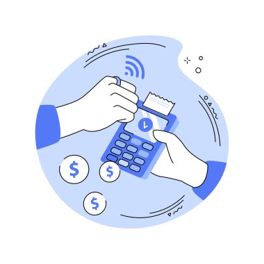 Akıllı NFC halkası karikatür vektör çizimlerini izole etti. Adam NFC yüzüğünü, modern teknolojiyi, mücevherlerle kablosuz bağlantıyı, bağlantısız satın alma vektör karikatürünü kullanarak ödeme yapıyor..