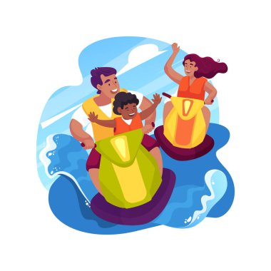 Jet ski karikatür vektör çizimini izole etti. Aile üyeleri iki jet ski 'de, çocuk el sallıyor, gezintiden zevk alıyor, Karayip tarzı, yaz tatili aktivitesi, sahil kenarı vektör karikatürü.