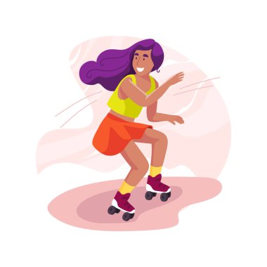 İzole edilmiş çizgi film çizimi. Çekici kız paten numarası yapıyor, genç şehir yaşam tarzı, fiziksel aktivite, ekstrem spor, profesyonel patenci vektör karikatürü.