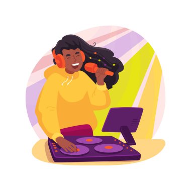 Hip-hop DJ karikatür vektör çizimini izole etti. Evinde mikrofon karıştıran büyüleyici DJ kızı. Renkli flaş ışığı, müzik dünyası vektör karikatürü..