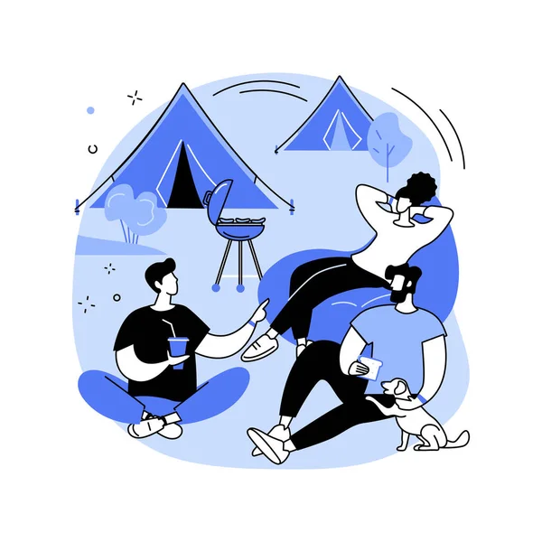 キャンプは隔離された漫画のベクトルイラストを渡す 祭りのブレスレットと犬と笑顔の人々は オープンエアフェスティバル 都市コンサート キャンプエンターテイメント時間ベクトル漫画を楽しんで — ストックベクタ