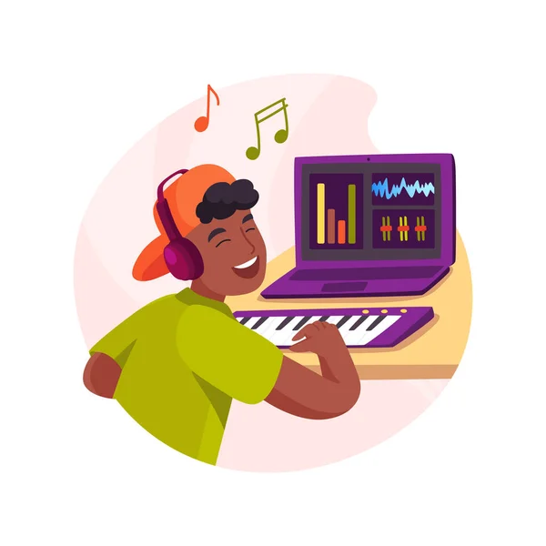 Making Electronic Music Isolated Cartoon Vector Illustration Happy Teenage Boy — Stock Vector