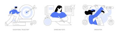 Akademik derece soyut konsept vektör illüstrasyonu seti alınıyor. Eğitim yörüngesi, sınavlar ve testler, mezuniyet günü, okul sınıfı, sınav takvimi, test sonuçları soyut metafor.