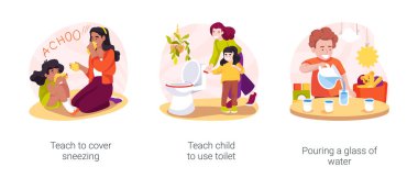 Self-care skills development in home-based daycare isolated cartoon vector illustration set. Teach to cover sneezing and to use toilet, pouring a glass of water, personal hygiene vector cartoon.