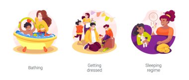 In-home caregiver service isolated cartoon vector illustration set. Nanny bathing a child, help toddler to get dressed, sleeping regime, bedtime lullaby, in-home help with kids vector cartoon.