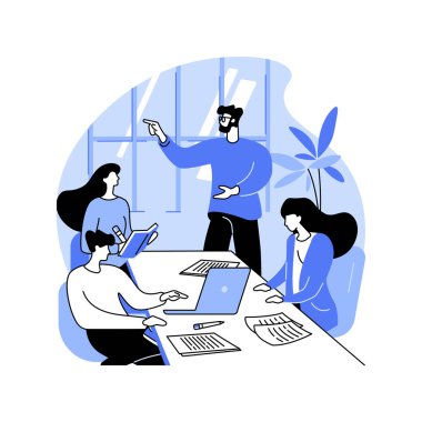 Müşteriyle tanışmak karikatür vektör çizimlerini izole etti. Çeşitli bilişim şirketi çalışanları konferans salonunda toplanıyor, yazılım geliştirme, brifing süreci, takım çalışması aktivite vektör karikatürü.