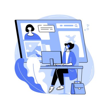 İrtibat seyahat acentesi karikatür vektör çizimlerini izole etti. Gülümseyen tur acentesinden aradılar. Tur acentasıyla tatil planlıyorlar. Seyahat dahil, tatil vektör karikatürü..