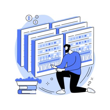 Kriptopara madenciliği izole edilmiş vektör çizimleri. İnsan bitcoin madenciliği, bakım ve geliştirme ile uğraşır. Yeni kripto para birimi oluşturma vektörü karikatürü..