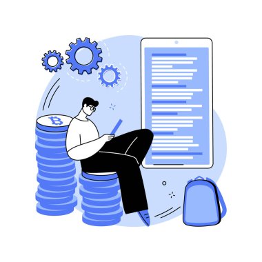 Madencilik uygulaması karikatür vektör çizimlerini izole etti. Akıllı telefonlu adam madencilik uygulaması, engelleme teknolojisi, yeni kripto para birimi oluşturma, dijital para endüstrisi vektör karikatürü.