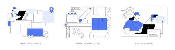 Набор Абстрактных Векторных Иллюстраций Автоматизации Хранения Логистика Склада Роботизация Сканирование — стоковый вектор