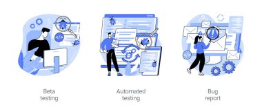 Soru-Cevap karikatür vektör çizimleri ayarlandı. IT şirketi çalışanı yazılım beta sürümünü, otomatik testleri, uygulama kalite güvencesini, test eden kişi bir hata buldu, uygulama kullanılabilirliği vektör karikatürü.