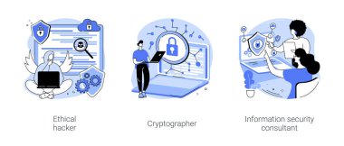 Information technology security isolated cartoon vector illustrations set. Ethical hacker deals with penetration testing, cryptographer develop ciphers, cybersecurity consultant vector cartoon. clipart
