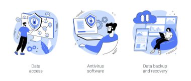 Data loss prevention isolated cartoon vector illustrations set. Data access and cybersecurity, network encryption, man with laptop use antivirus program, backup and recovery software vector cartoon. clipart