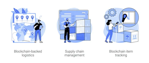 Blockchain Technology Logistics Isolated Cartoon Vector Illustrations Set Person Tablet — Stock Vector