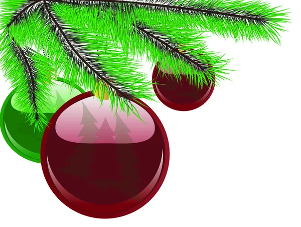 Ball hanging on a green christmas tree branch isolated on white — Stock Vector