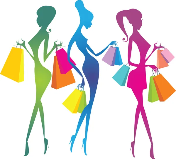 Compras meninas silhuetas — Vetor de Stock