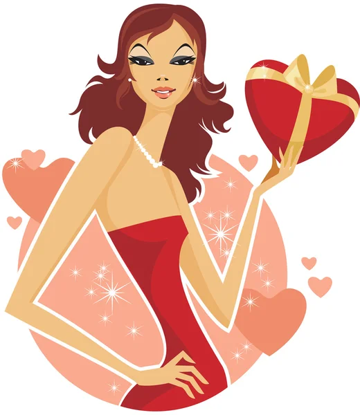 Girl holding a heart present box — Stock Vector