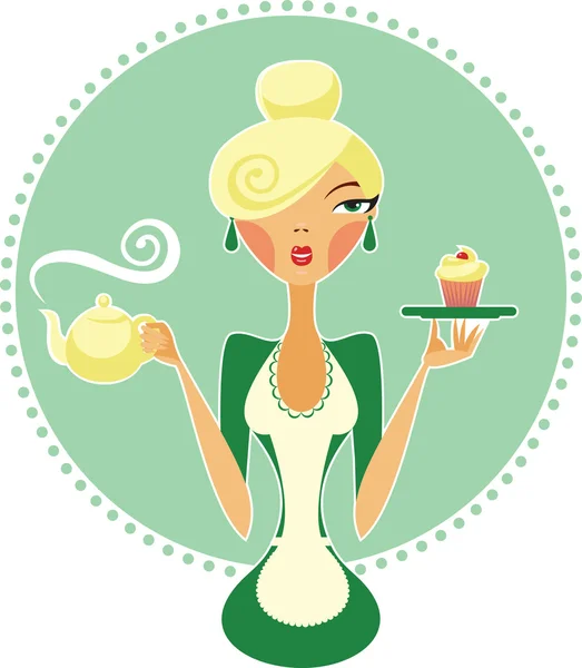 Waitress holding teapot and cupcake — Stock Vector
