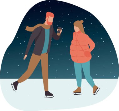 Buz pateni pistinde kayan mutlu genç çift. Açık hava eğlence aktivitelerinin karikatür çizimi. Mevsimlik tatil 