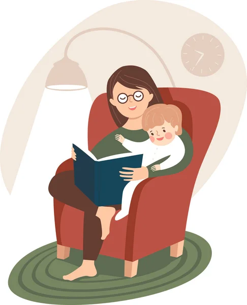 Mother Her Baby Reading Book Together Flat Vector Illustration — Stock Vector