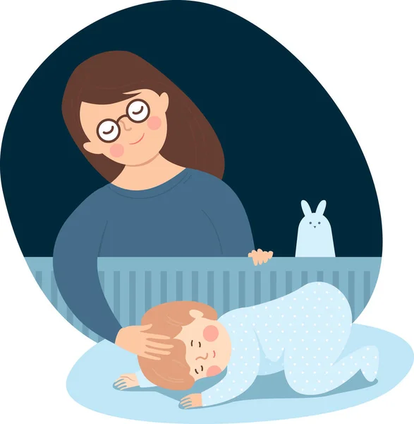 Ibu Menempatkan Bayinya Untuk Tidur Tempat Tidur Bayi Wanita Sedang - Stok Vektor