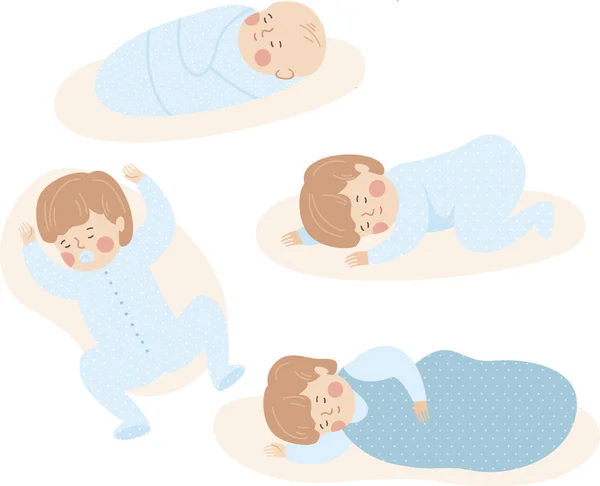 Bebek Çeşitli Pozlarda Uyur Arası Farklı Uyku Pozisyonları Yeni Doğmuş — Stok Vektör
