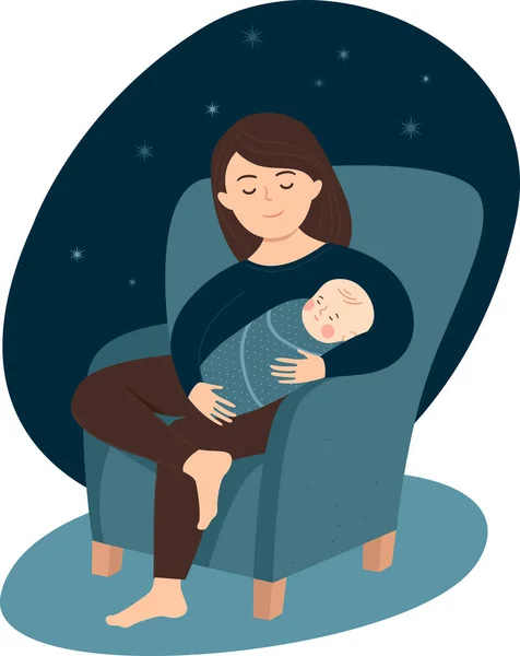 愛する母親は家で新生児の世話をしている 腕の中で寝たきりの赤ん坊を抱えている幸せな女性 ベクターイラスト — ストックベクタ