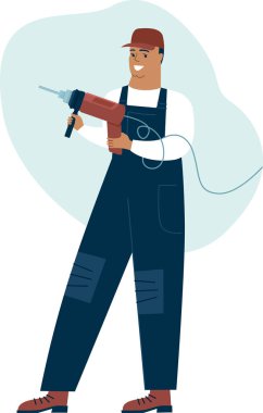 Elektrikli matkap delgisi olan işçi ya da inşaatçı. Tamir ve inşaat konsepti. Tamirci vektör karakteri