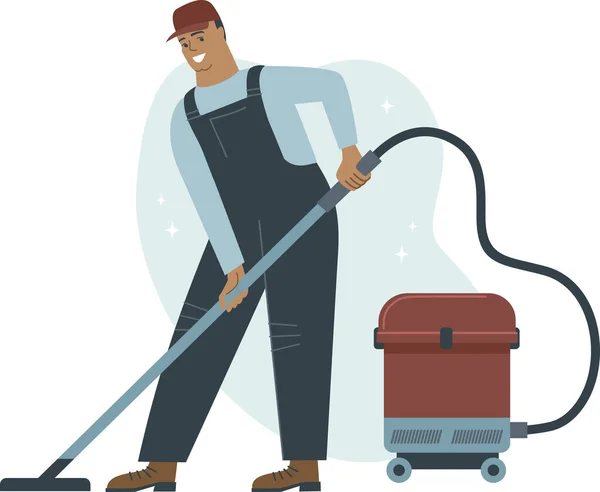 Man Uniform Vacuum Cleaner Janitor Vacuuming House Floor Professional Cleaning — Stock Vector
