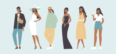 Modern moda kadın görünüşü seti. Düz vektör çizgi film karakterleri. Modaya uygun şehir kıyafetleri içinde insan koleksiyonu.