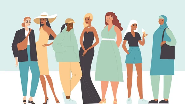 妇女多族裔群体 不同的时尚女孩 穿着时髦服装的随意风格的多文化女性成年人 孤立的平面向量字符 — 图库矢量图片