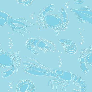 Deniz ürünleri hazır. Karides yengeç ıstakoz kabuklu karides. Okyanus gıda pazarı vektörü pürüzsüz desen