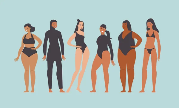 Coleção Fatos Banho Conjunto Ilustrações Vetoriais Personagens Femininas Multiétnicas Positivas — Vetor de Stock