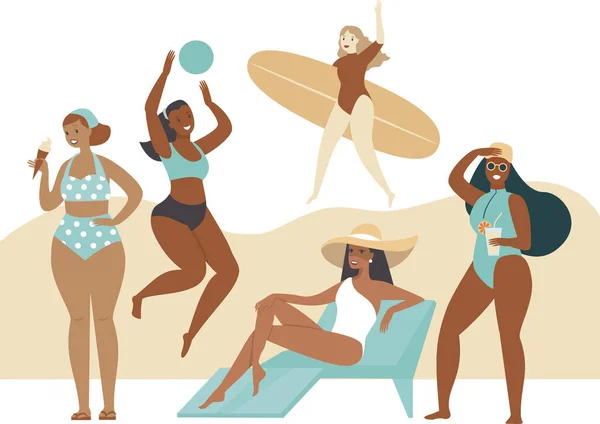 夏のビーチ活動若い女の子の複数の民族グループ 日焼け ボール遊び アイスクリームを食べる サーフィン カクテルを飲む 平ベクトルアブストラクト夏時間セット — ストックベクタ