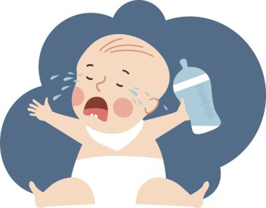 Altında süt formülü olan bir beslenme şişesini tutan ağlayan küçük bebek. Bebek maması kıtlığı konsepti. Düz vektör çizimi