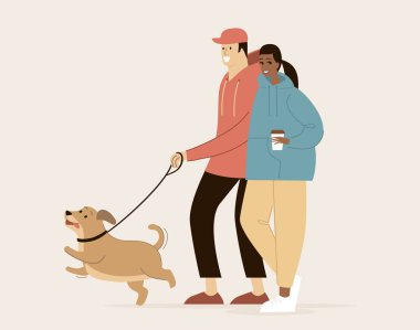 Genç, çok ırklı bir çift bir köpekle yürüyor. Düz çizgi film vektör çizimi.