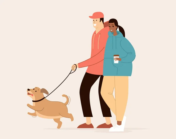 Jovem Casal Multirracial Caminhando Com Cão Desenho Plano Ilustração Vetorial —  Vetores de Stock