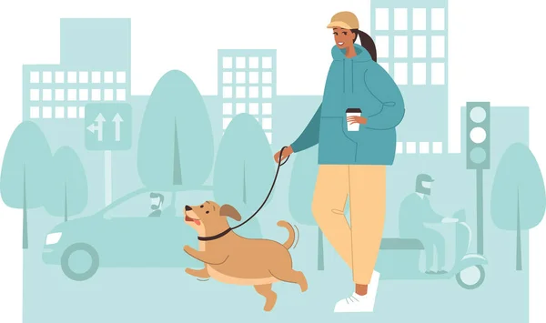 Meşgul Şehir Caddesinde Bir Köpekle Yürüyen Genç Bir Kadın Düz — Stok Vektör