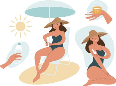 Sun tanning safety tips. Use a hat, sunscreen, sunshadow. Skin protection from the sun on the beach. Flat vector set