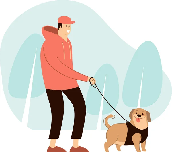 Young Man Walking Dog Park Flat Cartoon Vector Illustration — Stockvektor