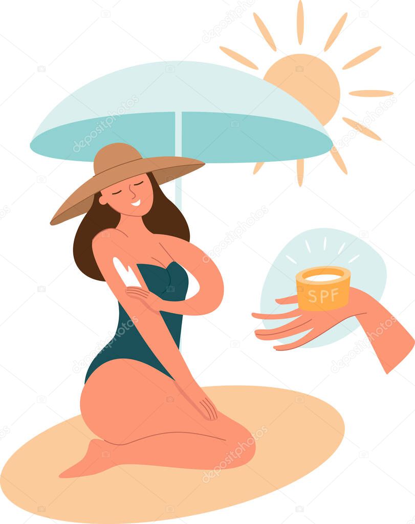 A woman at the beach applies sunscreen to her skin under a sunshadow. Sun protection concept. Healthy tanning. Flat vector character