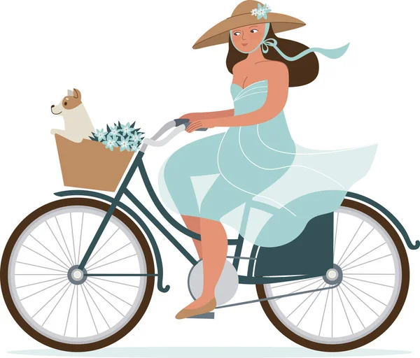 Romantic Lady Riding Vintage Bicycle Her Dog Basket Vector Illustratio — 스톡 벡터