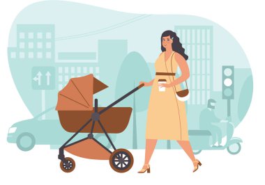 Sokakta elinde bebek arabasıyla yürüyen genç bir anne. Anne ya da bebek arabası olan bebek bakıcısı karakteri. Modern basit düz stilde annelik kavramı vektör illüstrasyonu.