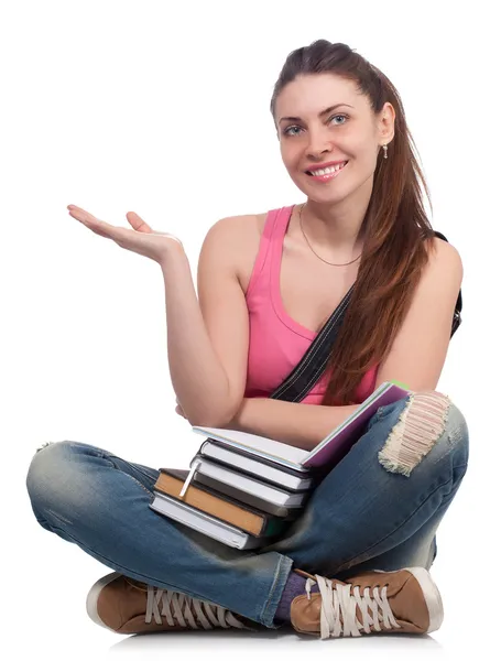 Beautiful student girl sitting with books — Stock Photo, Image