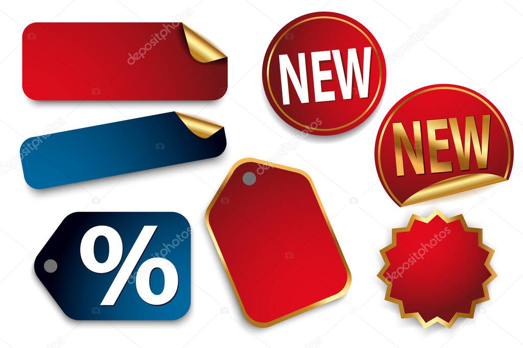 Set of red and blue stickers with gold elements. Vector illustration.
