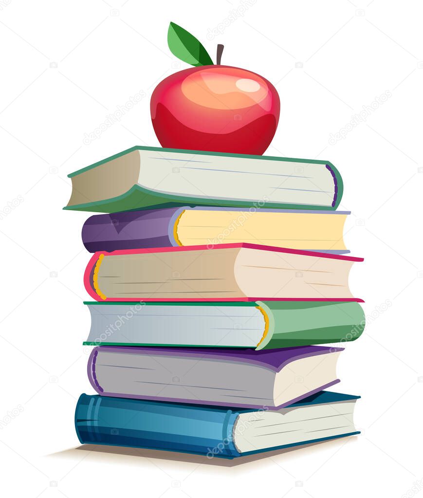 Bright stack of books with apple. Vector illustration