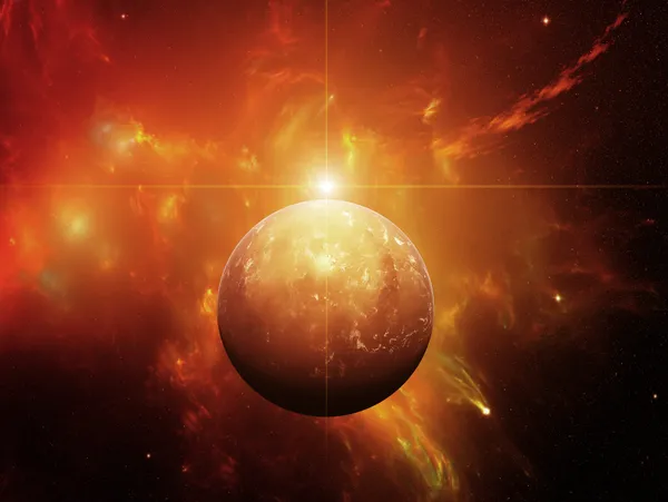 Planeta con nebulosa y Estrella Enana Roja — Foto de Stock